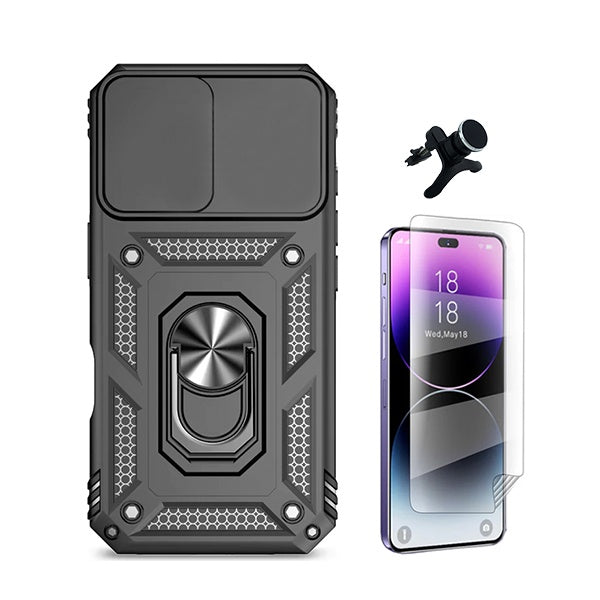 Kit Película Hydrogel Full Cover Frente + Capa Magnetic Military Defender Slide Window + Suporte Magnético de Carro Reforçado para Apple iPhone 16 - Preto