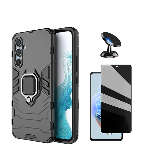 Kit Película 5D Anti-Spy + Capa 3X1 Military Defender + Suporte Magnético de Carro para Samsung Galaxy S23 FE - Preto