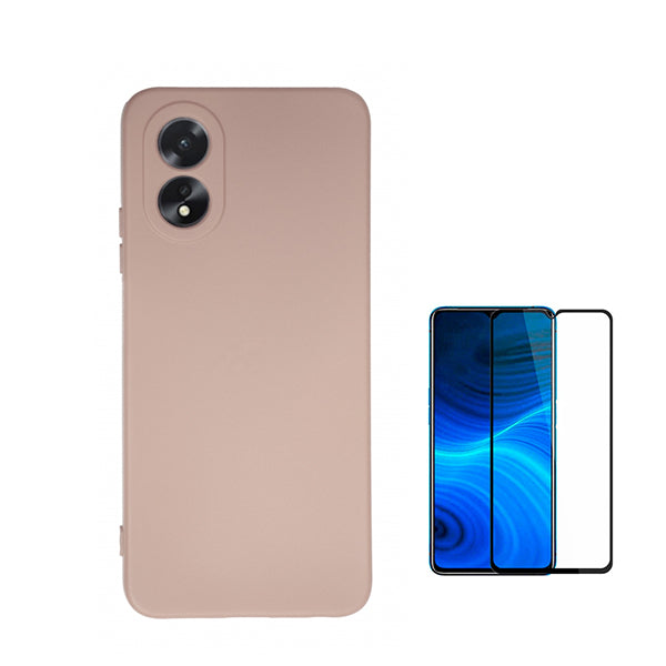Kit Vidro Premium Full Cover + Capa Silicone Líquido para Oppo A18 - Rosa