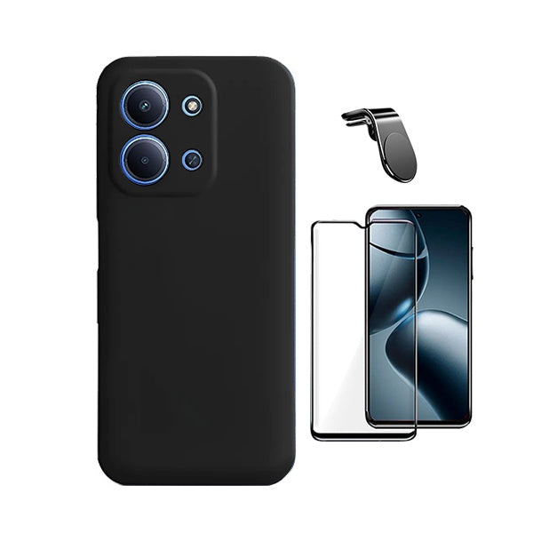 Kit Vidro Temperado + Capa Silicone Líquido + Suporte L PHONECARE Para Xiaomi Poco C85 - Preto