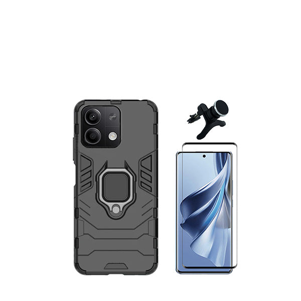 Kit Vidro Premium Full Cover + Capa 3X1 Military Defender + Suporte Magnético de Carro Reforçado para Xiaomi Redmi Note 13 Pro - Preto