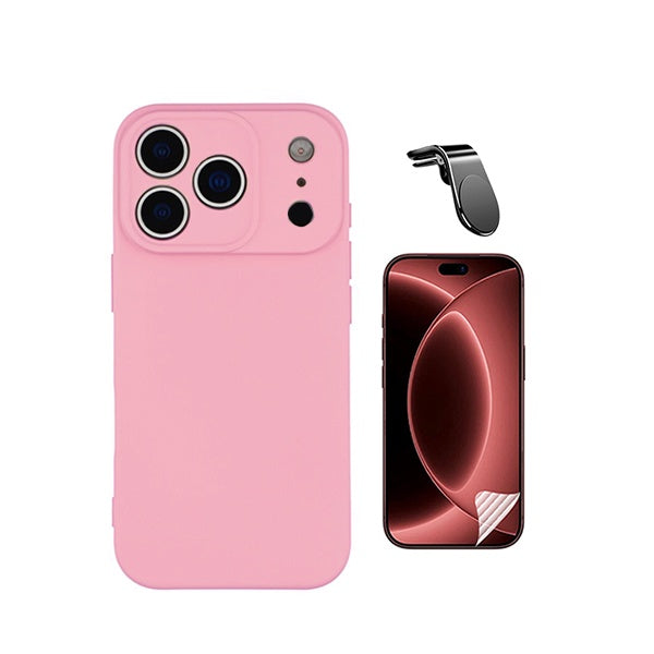 Kit Película Hydrogel Frente + Capa Silicone Líquido + Suporte L PHONECARE Para Apple iPhone 18 Pro - Rosa