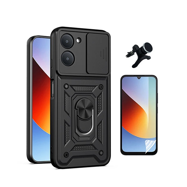 Kit Película Hydrogel Frente + Capa Magnetic Slide Window + Suporte Magnético Reforçado  PHONECARE Para Xiaomi Redmi A7 4G - Preto
