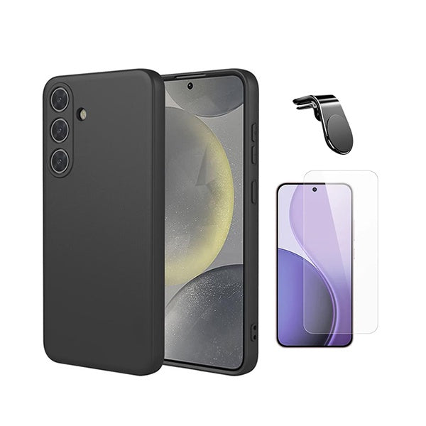 Kit Vidro Clearglass + Capa Silicone Líquido + Suporte L PHONECARE Para Samsung Galaxy S26 - Preto