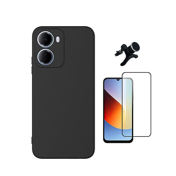 Kit Vidro Temperado + Capa Silicone Líquido + Suporte Magnético Reforçado PHONECARE Para Xiaomi Redmi 15a - Preto
