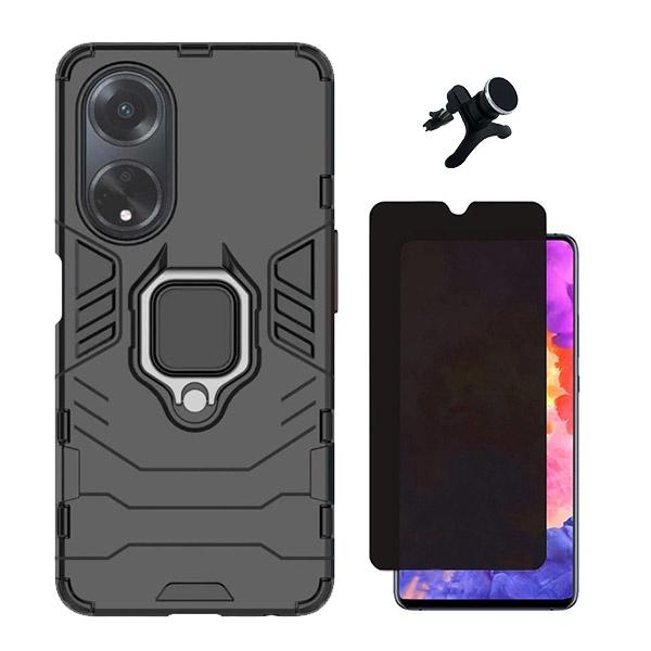 Kit Película 5D Anti-Spy + Capa 3X1 Military Defender + Suporte Magnético de Carro Reforçado para Oppo A18 - Preto