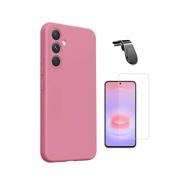 Kit Vidro Clearglass + Capa Silicone Líquido + Suporte L PHONECARE Para Samsung Galaxy A27 - Rosa