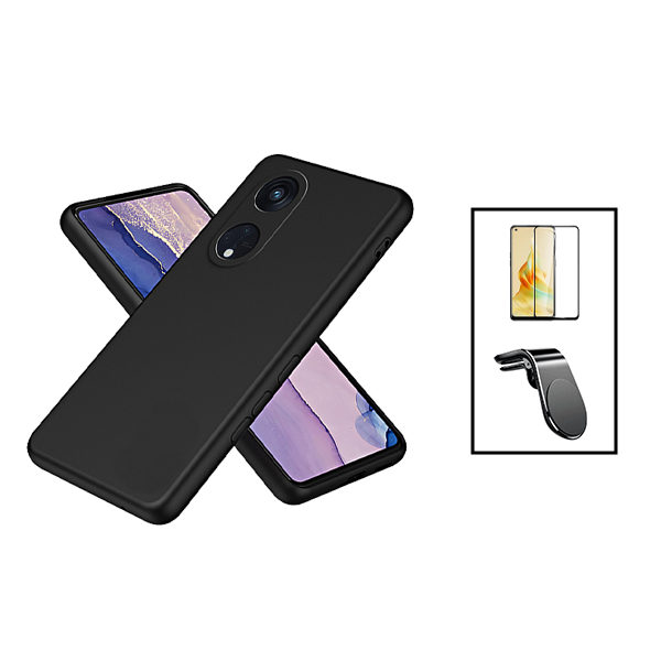 Kit Vidro Premium Full Cover + Capa Silicone Líquido + Suporte Magnético L Safe Driving Carro para Oppo Reno8T 5G - Preto