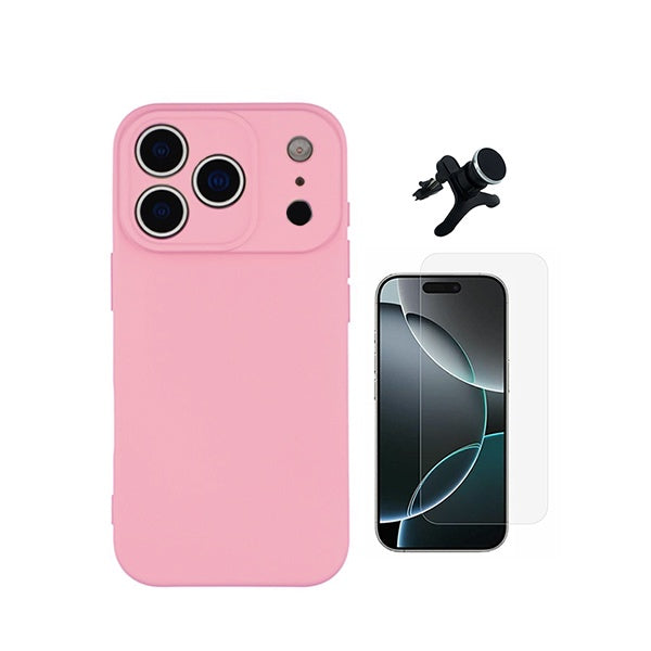 Kit Vidro Clearglass + Capa Silicone Líquido + Suporte Reforçado PHONECARE Para Apple iPhone 18 Pro - Rosa