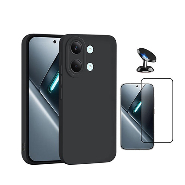 Kit Vidro Temperado + Capa Silicone Líquido + Suporte Magnético PHONECARE Para Xiaomi Poco X8 Pro Max 5G - Preto