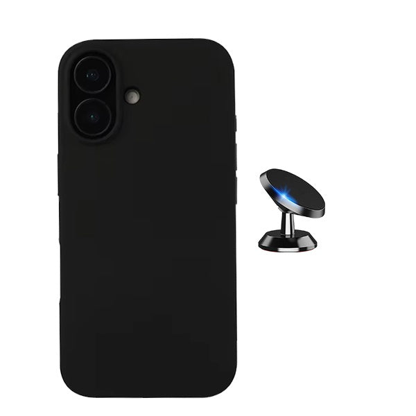 Kit Suporte Magnético de Carro + Capa Silicone Líquido para Apple iPhone 16 - Preto