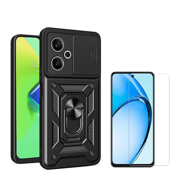 Kit Vidro Clearglass + Capa Magnetic Military Defender Slide Window Anti-Impacto para Xiaomi Redmi 13 - Preto
