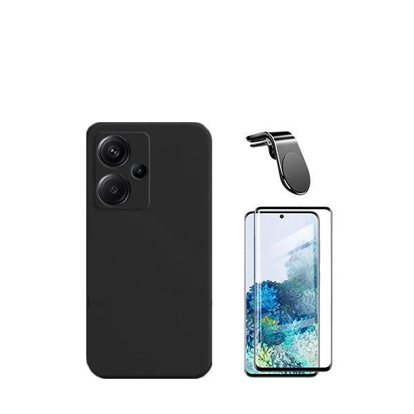 Kit Vidro Premium Full Cover + Capa Silicone Líquido + Suporte Magnético L Safe Driving Carro para Xiaomi Redmi Note 13 Pro+ - Preto
