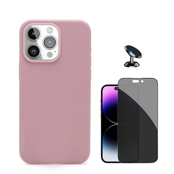 Kit Película de Vidro 5d Anti-Spy + Capa Silicone Líquido + Suporte Magnético de Carro para Apple iPhone 16 Pro Max - Rosa