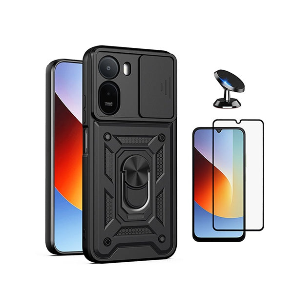Kit Vidro + Capa Magnetic Slide Window + Suporte Magnético PHONECARE Para Xiaomi Redmi A7 Pro 4G - Preto