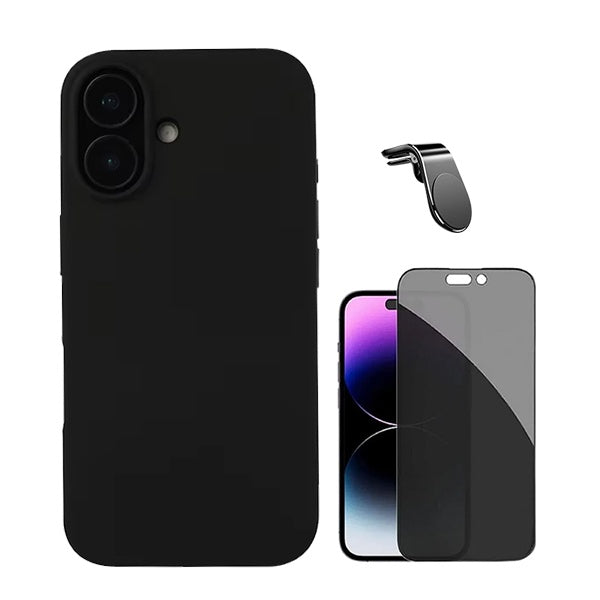 Kit Película de Vidro 5d Anti-Spy + Capa Silicone Líquido + Suporte Magnético L Safe para Apple iPhone 16 - Preto