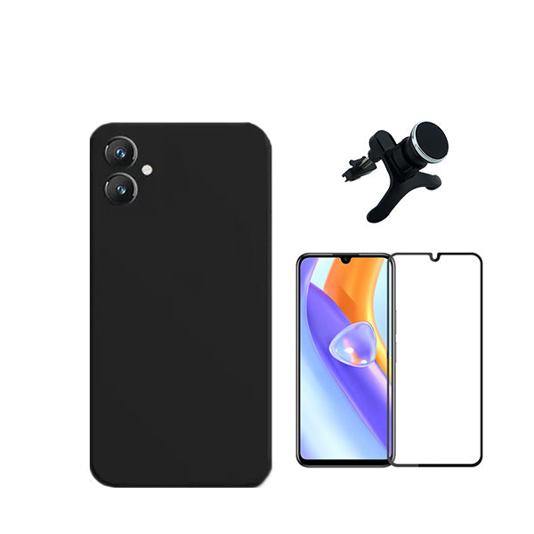 Kit Vidro Premium Full Cover + Capa Silicone Líquido + Suporte Magnético de Carro Reforçado para Samsung Galaxy A05 - Preto