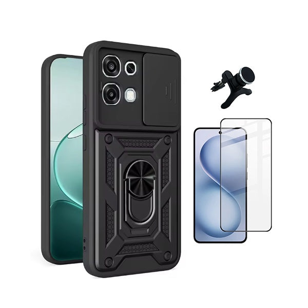 Kit Vidro + Capa Magnetic Slide Window + Suporte Reforçado PHONECARE Para Oppo A6 Pro 4G - Preto