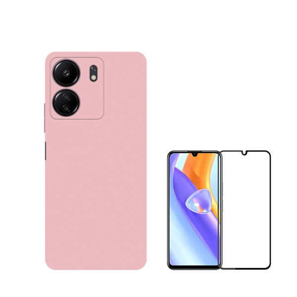Kit Vidro Premium Full Cover + Capa Silicone Líquido para Xiaomi Redmi 13C - Rosa