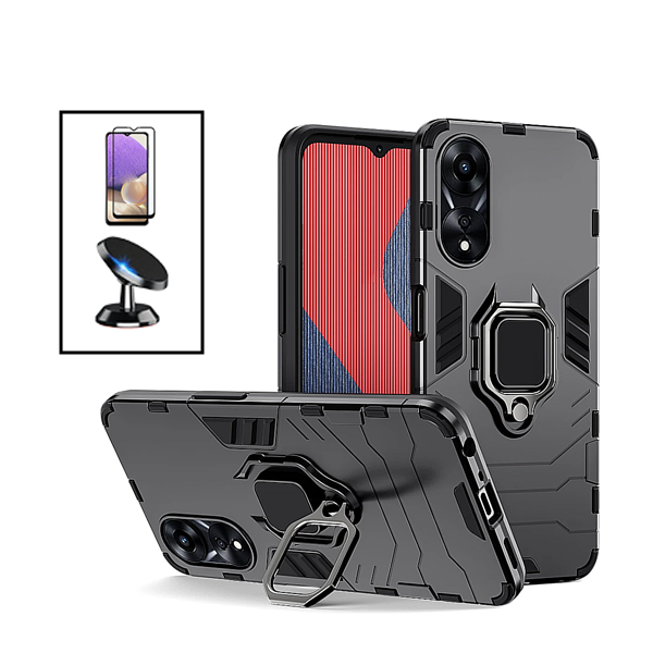 Kit Vidro Premium Full Cover + Capa 3X1 Military Defender + Suporte Magnético de Carro para Oppo A58 - Preto