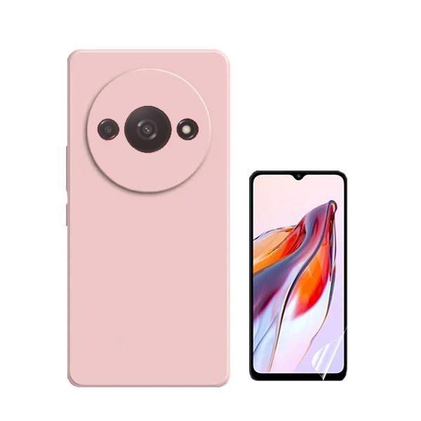 Kit Película Hydrogel Full Cover Frente + Capa Silicone Líquido para Xiaomi Redmi A3 - Rosa