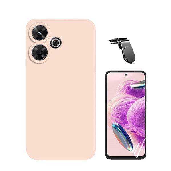 Kit Película Hydrogel Full Cover Frente + Capa Silicone Líquido + Suporte Magnético L para Xiaomi Redmi 13 5G - Rosa