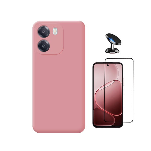 Kit Vidro Temperado + Capa Silicone Líquido + Suporte Magnético PHONECARE Para Oppo A6 - Rosa