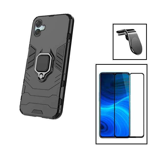 Kit Vidro Premium Full Cover + Capa 3X1 Military Defender + Suporte Magnético L Safe Driving Carro para Samsung Galaxy A04e - Preto