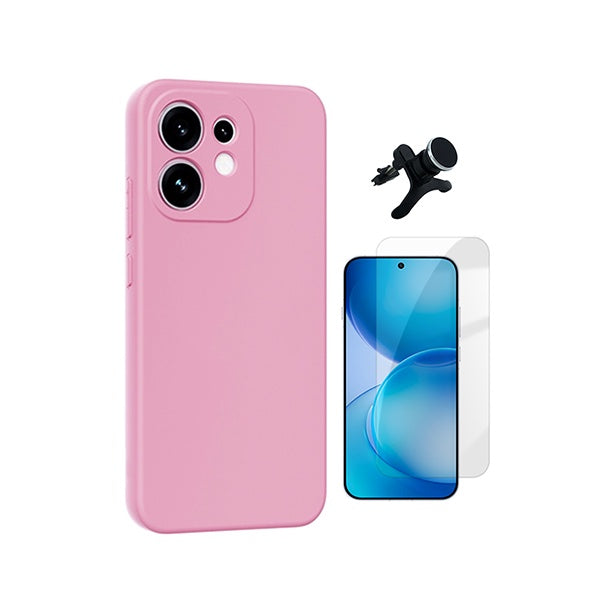 Kit Vidro Clearglass + Capa Silicone Líquido + Suporte Reforçado PHONECARE Para Oppo Reno16 - Rosa