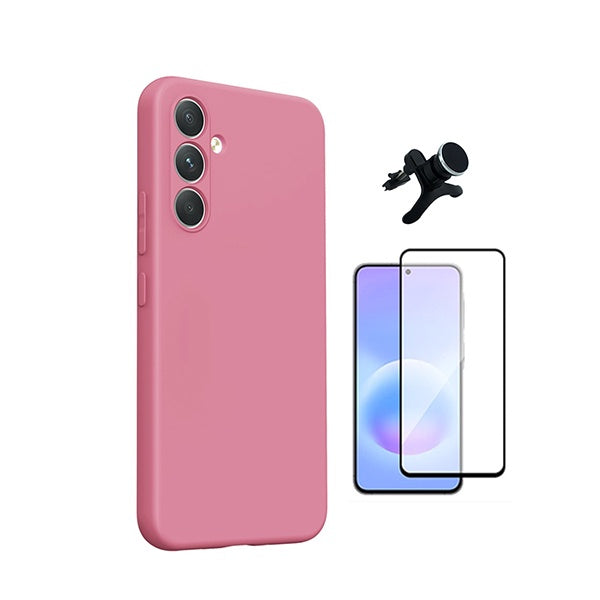 Kit Vidro Temperado + Capa Silicone Líquido + Suporte Magnético Reforçado PHONECARE Para Samsung Galaxy A27 5G - Rosa