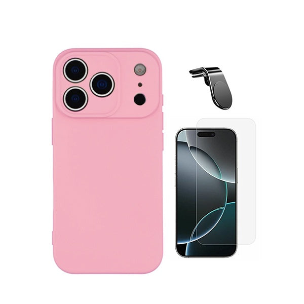 Kit Vidro Clearglass + Capa Silicone Líquido + Suporte L PHONECARE Para Apple iPhone 18 Pro - Rosa