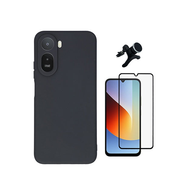 Kit Vidro Temperado + Capa Silicone Líquido + Suporte Magnético Reforçado PHONECARE Para Xiaomi Redmi A7 Pro 4G - Preto