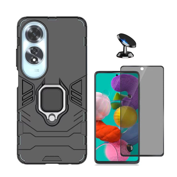 Kit Película 5d Anti-Spy + Capa 3x1 Military Defender + Suporte Magnético de Carro para Oppo A60 - Preto