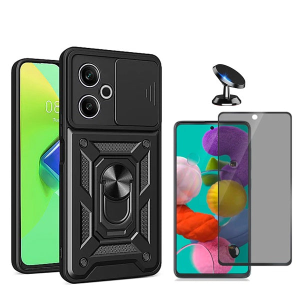 Kit Película 5d Anti-Spy + Capa Magnetic Military Defender Slide Window Anti-Impacto + Suporte Magnético de Carro para Xiaomi Redmi 13 5G - Preto