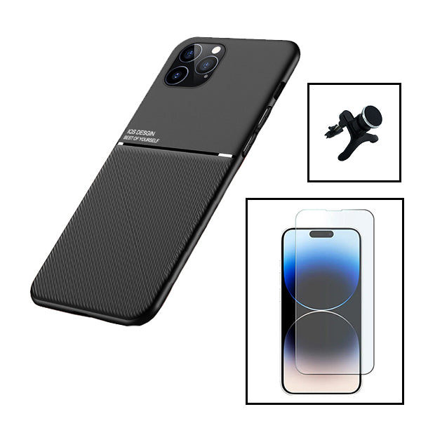 Kit Capa Magnetic Lux + Vidro Clearglass + Suporte Magnético de Carro Reforçado para Apple iPhone 15 Pro Max - Preto