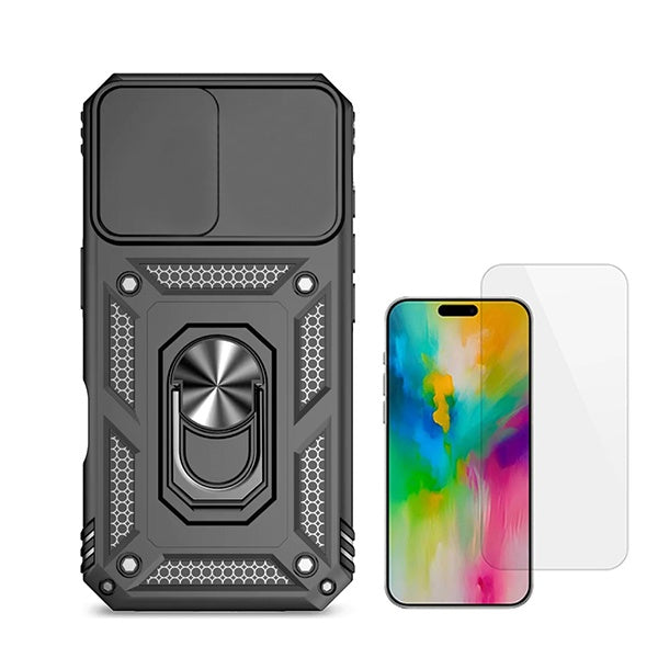 Kit Vidro Clearglass + Capa Magnetic Military Defender Slide Window Anti-Impacto para Apple iPhone 16 - Preto