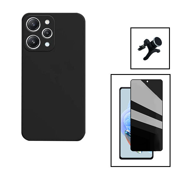 Kit Película de Vidro 5D Anti-Spy + Capa Silicone Líquido + Suporte Magnético de Carro Reforçado para Xiaomi Redmi 12 - Preto