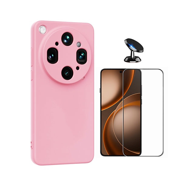 Kit Vidro Temperado + Capa Silicone Líquido + Suporte Magnético PHONECARE Para Oppo Find X9 Ultra - Rosa