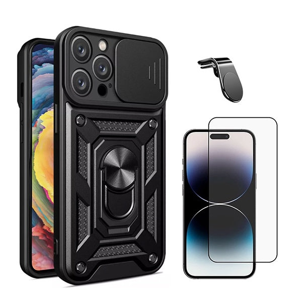 Kit Vidro Premium Full Cover + Capa Magnetic Military Defender Slide + Suporte Magnético L Safe Driving Carro para Apple iPhone 16 Pro Max - Preto