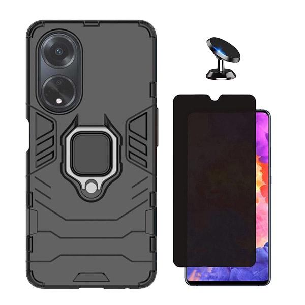 Kit Película 5D Anti-Spy + Capa 3X1 Military Defender + Suporte Magnético de Carro para Oppo A18 - Preto
