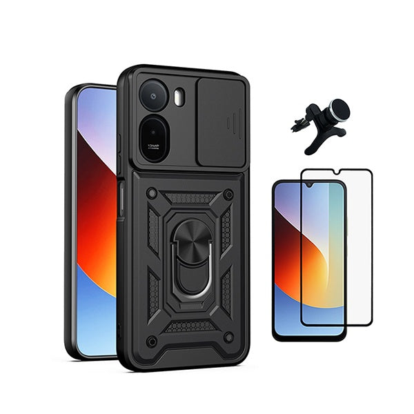 Kit Vidro + Capa Magnetic Slide Window + Suporte Reforçado PHONECARE Para Xiaomi Redmi A7 Pro 4G - Preto