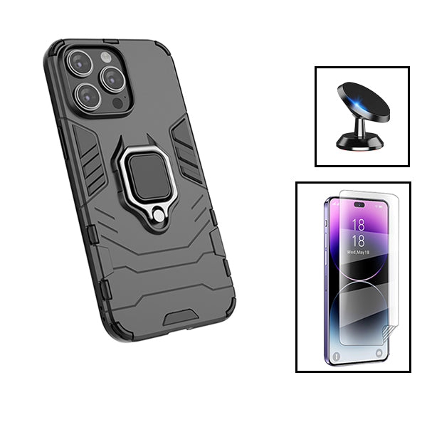 Kit Película Hydrogel Full Cover Frente + Capa 3X1 Military Defender + Suporte Magnético de Carro para Apple iPhone 15 Plus - Preto