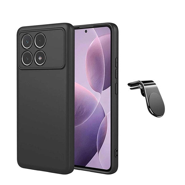 Kit Suporte Magnético L Safe Driving Carro + Capa Silicone Líquido para Xiaomi Poco F6 Pro - Preto