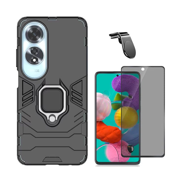 Kit Película 5d Anti-Spy + Capa 3x1 Military Defender + Suporte Magnético L Safe Driving para Oppo A60 - Preto