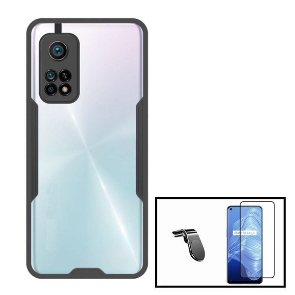 Kit Capa Anti-Impact Clear Armor + Película 5D Full Cover + Suporte Magnético L Safe Driving para Xiaomi Mi 10T 5G