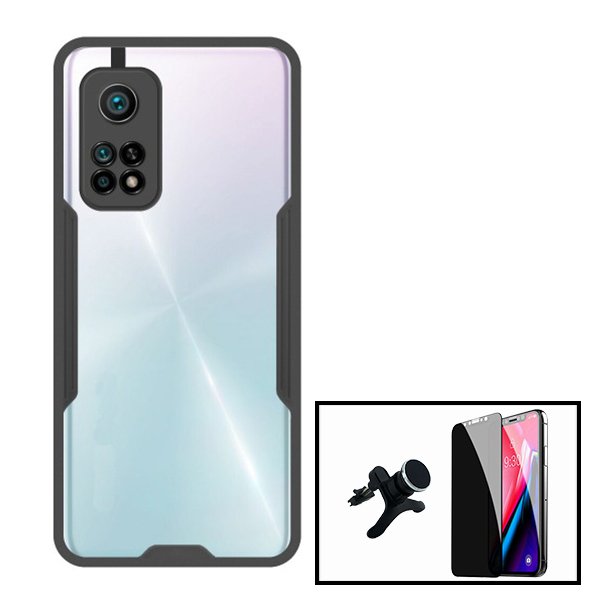 Kit Capa Anti-Impact Clear Armor + Película 5D Anti-Spy Full Cover + Suporte Magnético de Carro Reforçado para Xiaomi Mi 10T 5G