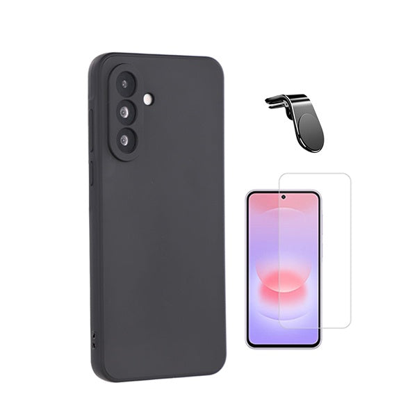 Kit Vidro Clearglass + Capa Silicone Líquido + Suporte L PHONECARE Para Samsung Galaxy A27 - Preto