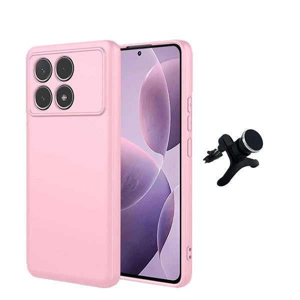 Kit Suporte Magnético Reforçado de Carro + Capa Silicone Líquido para Xiaomi Poco F6 Pro - Rosa