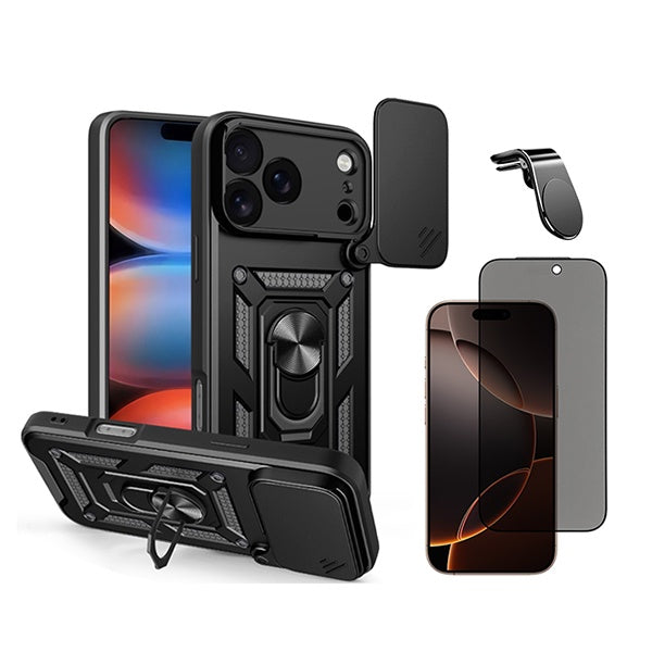 Kit Película Anti-Spy + Capa Magnetic Slide Window + Suporte L PHONECARE Para Apple iPhone 18 Pro - Preto