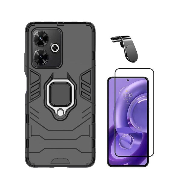 Kit Vidro Premium Full Cover + Capa 3x1 Military Defender + Suporte Magnético L Safe Driving Carro para Xiaomi Redmi 13 - Preto